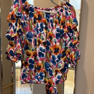 Coco Bianco Blue and Orange Ruffled Tie Front Blouse Size Large